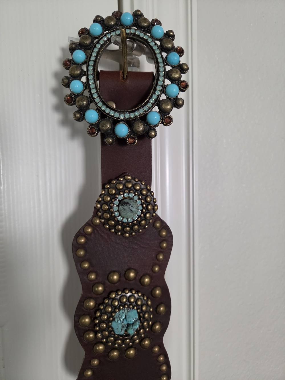 Leather ROCK  Brown Leather Belt with Turquoise Accent  SZ 32